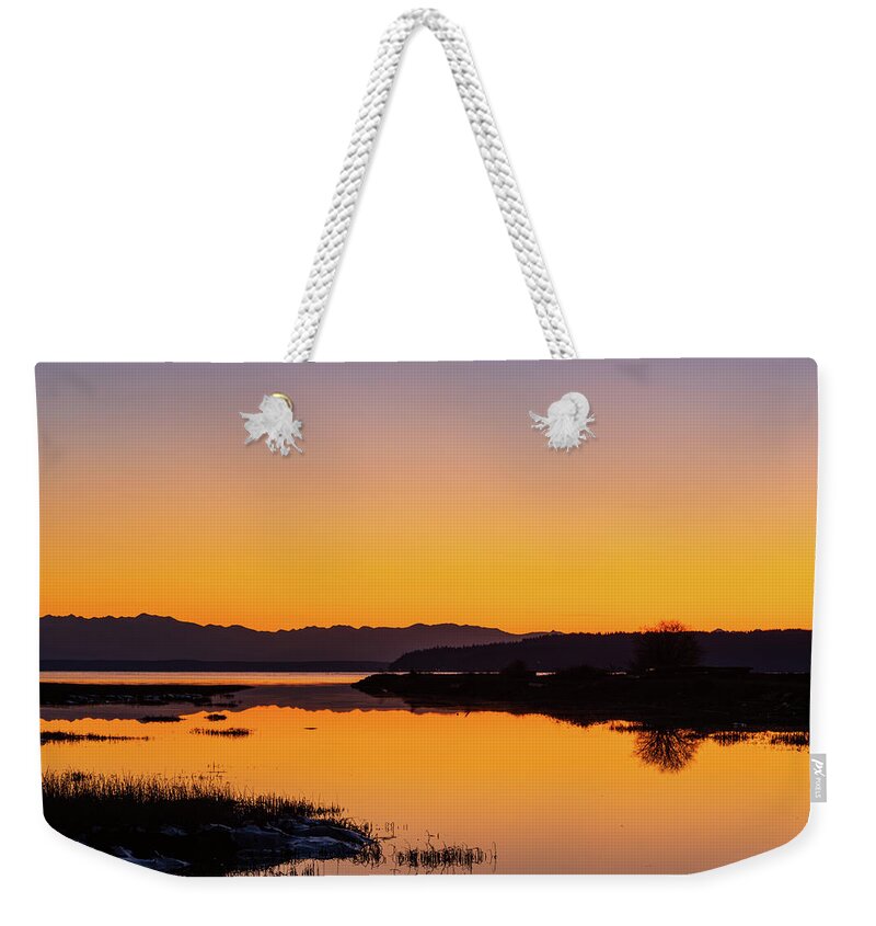 Outdoor; Twilight; Water; Wet Land; Meadow; Reflection; Serenity; Tranquility Weekender Tote Bag featuring the digital art Twilight in Skagit Valley #3 by Michael Lee
