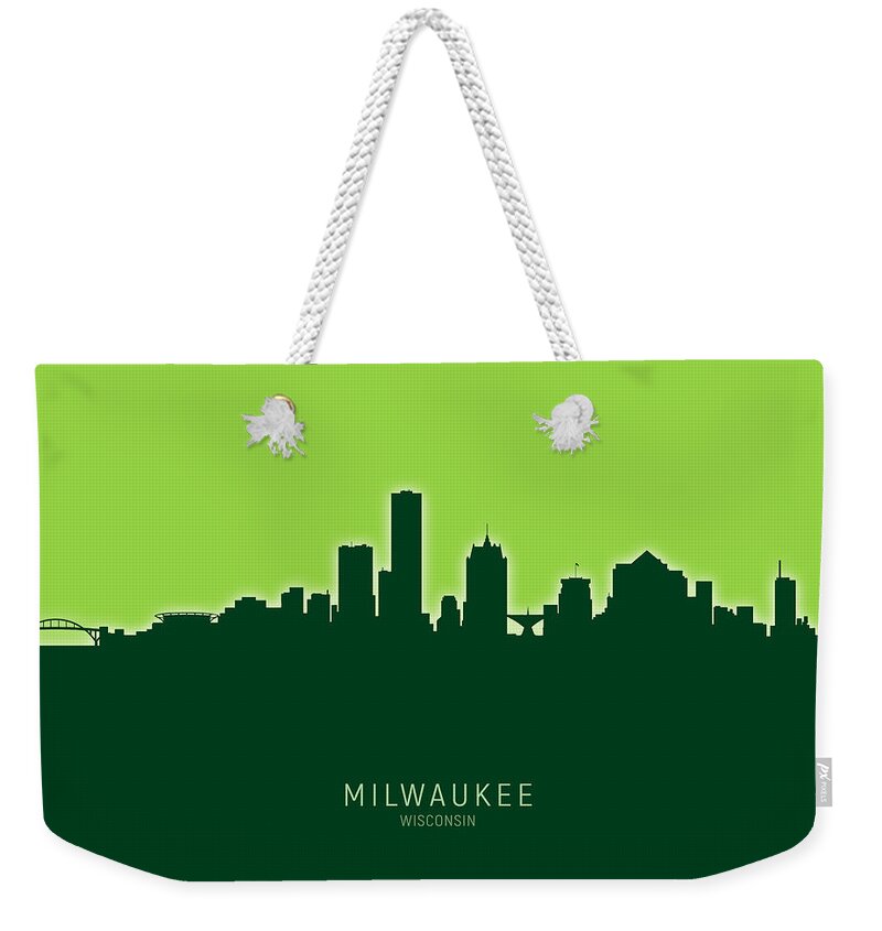Milwaukee Weekender Tote Bag featuring the digital art Milwaukee Wisconsin Skyline #31 by Michael Tompsett