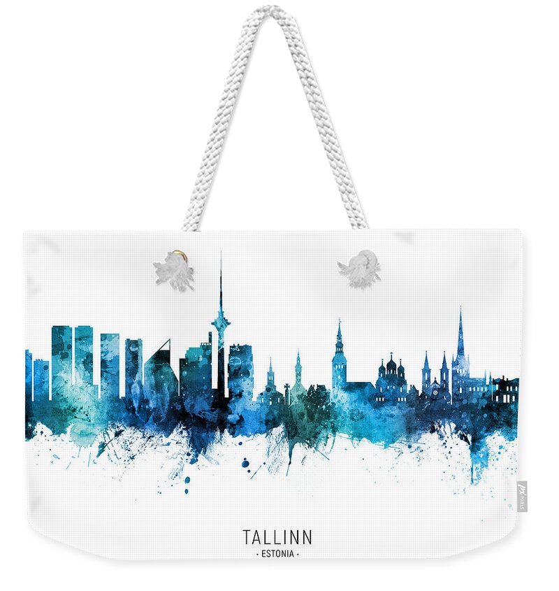 Tallinn Weekender Tote Bag featuring the digital art Tallinn Estonia Skyline by Michael Tompsett