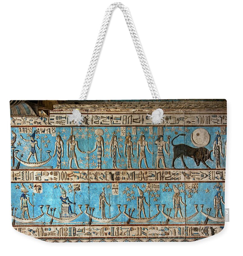 Egypt Weekender Tote Bag featuring the photograph Hieroglyphic carvings in ancient egyptian temple #35 by Mikhail Kokhanchikov