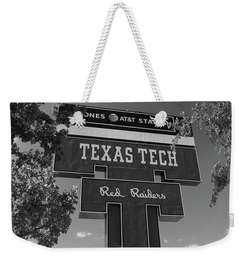 Lubbock Texas Weekender Tote Bag featuring the photograph Jones ATT Stadium at Texas Tech University in black and white #4 by Eldon McGraw