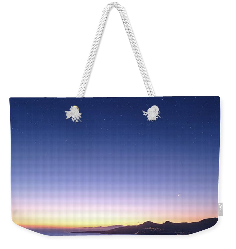 Moon rising over Calvi Bay in Corsica Weekender Tote Bag by Jon Ingall -  Pixels