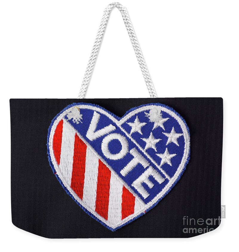 Blue Weekender Tote Bag featuring the photograph USA Vote Badge on suit pocket. #4 by Milleflore Images