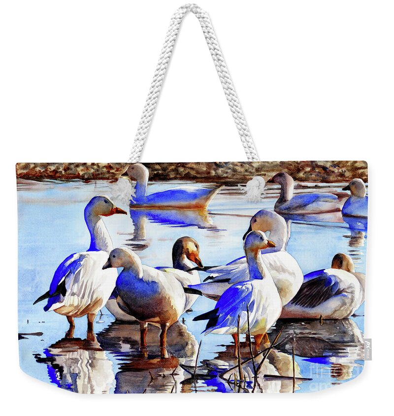 Placer Arts Weekender Tote Bag featuring the painting #420 Snow Geese #420 by William Lum