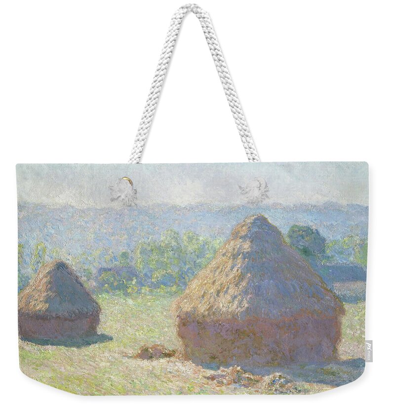Monet Weekender Tote Bag featuring the painting Haystacks, end of Summer #5 by Claude Monet