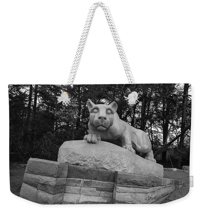 State College Pennsylvania Weekender Tote Bag featuring the photograph Nittany Lion Shrine at Penn State University in black and white #5 by Eldon McGraw