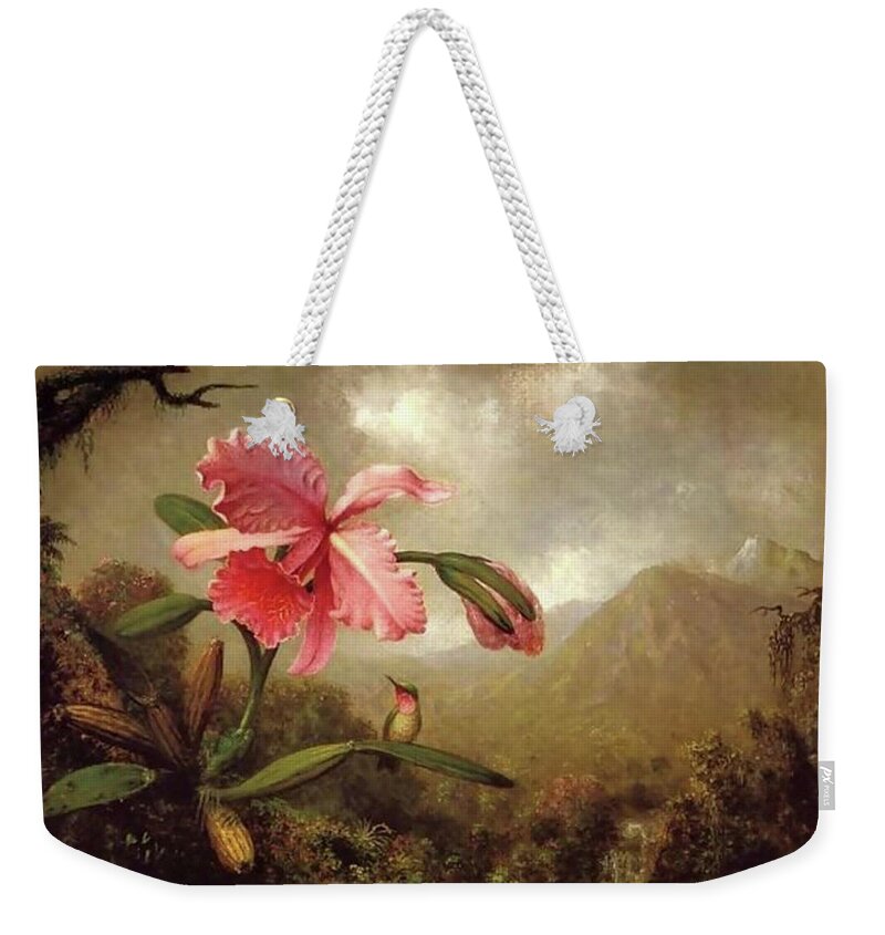 Martin Johnson Heade Weekender Tote Bag featuring the painting Orchid And Hummingbird Near A Mountain Waterfall #5 by Martin Johnson Heade