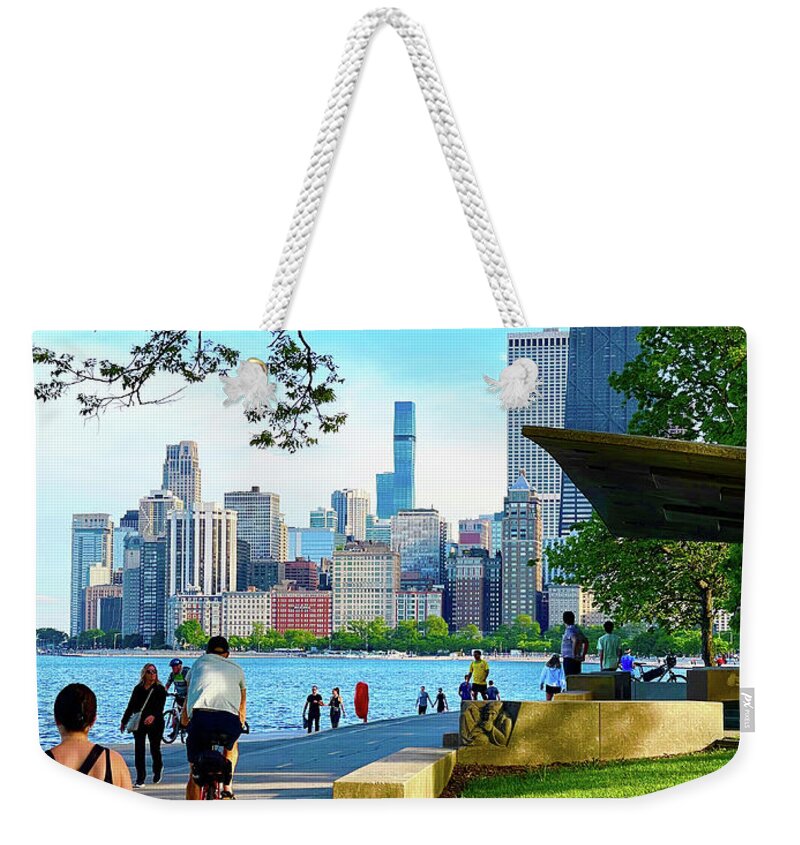 Chicago Skyline Weekender Tote Bag featuring the photograph Chicago Skyline, Lakeshore Joggers by Patrick Malon