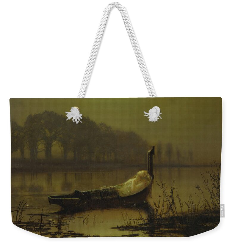 John Atkinson Grimshaw Weekender Tote Bag featuring the painting The Lady of Shalott #5 by John Atkinson Grimshaw