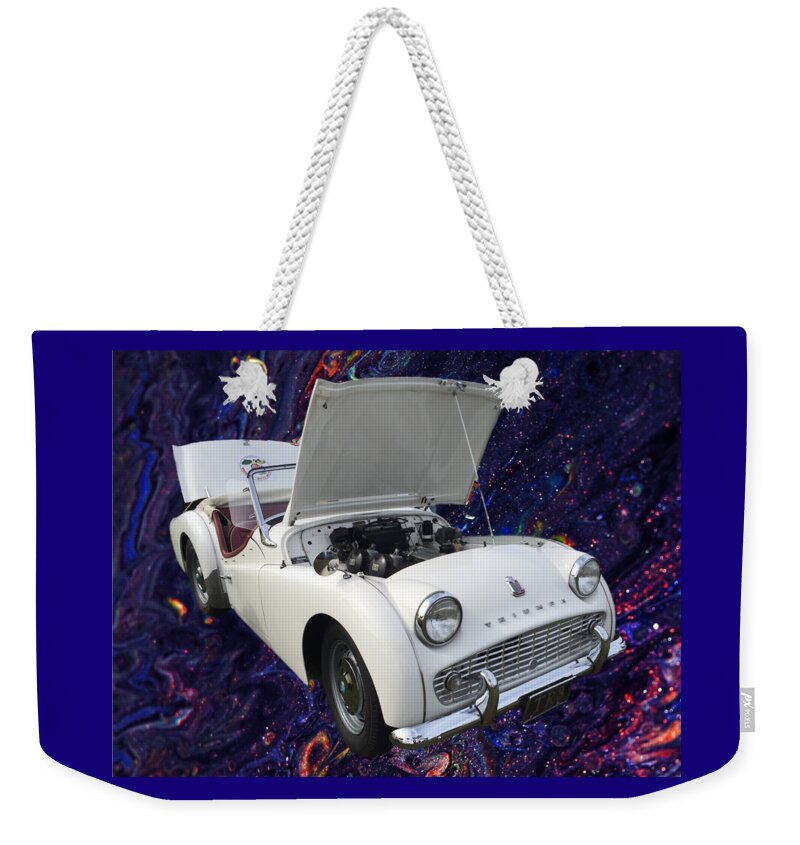 1959 Triumph Weekender Tote Bag featuring the photograph 59 White Triumph by Anne Sands