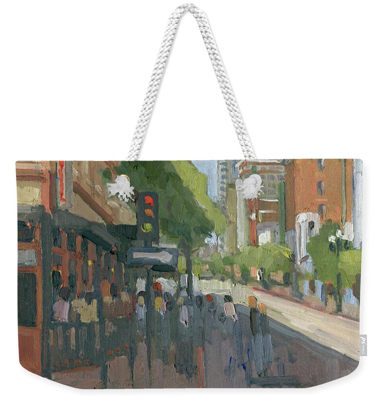 Gaslamp Weekender Tote Bag featuring the painting 5th and G, In the Gaslamp District, San Diego by Paul Strahm
