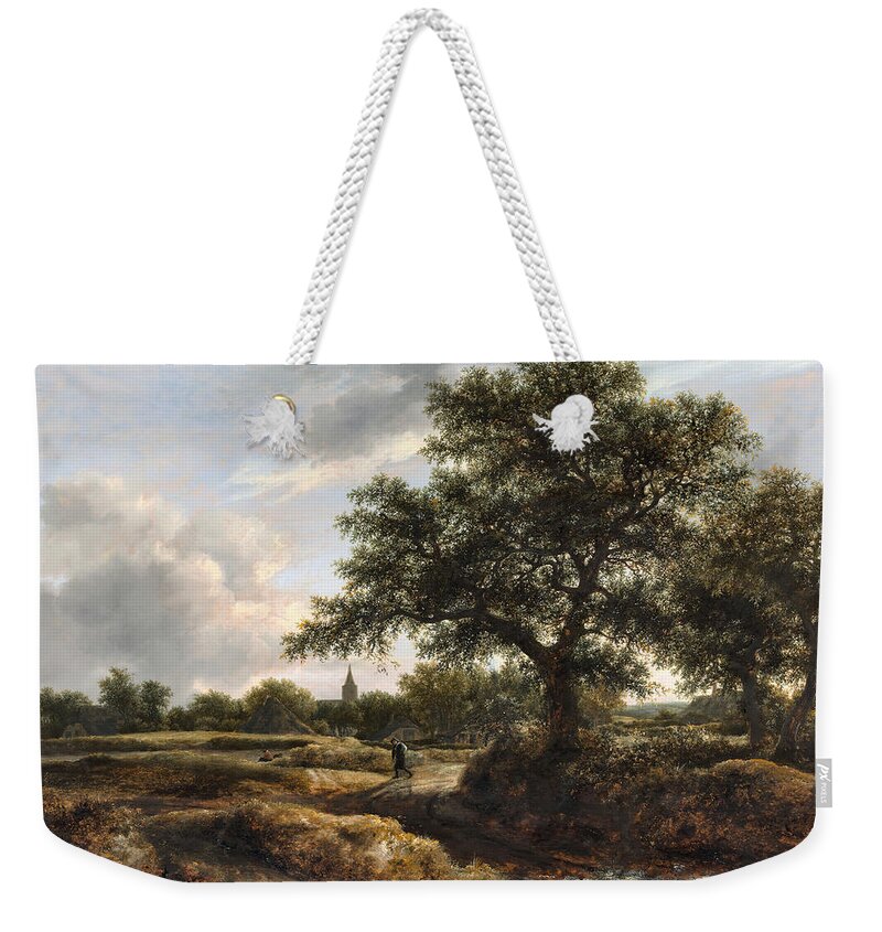Hills Weekender Tote Bag featuring the painting Landscape with a Village in the Distance #7 by Jacob van Ruisdael