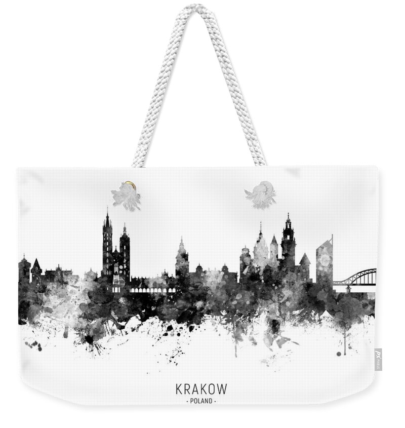 Krakow Weekender Tote Bag featuring the digital art Krakow Poland Skyline by Michael Tompsett