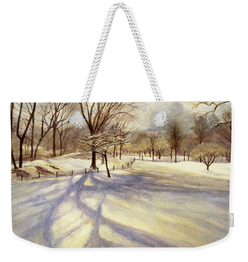Watercolor Snow Scene Winter Wintery Central Park Nyc New York Weekender Tote Bag featuring the painting 81st Street Central Park by Judy Frisk