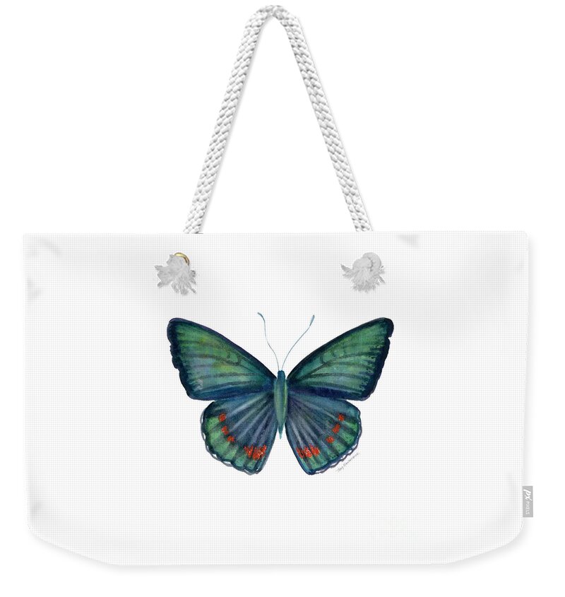 Teal Green Butterfly Weekender Tote Bag featuring the painting 82 Bellona Butterfly by Amy Kirkpatrick