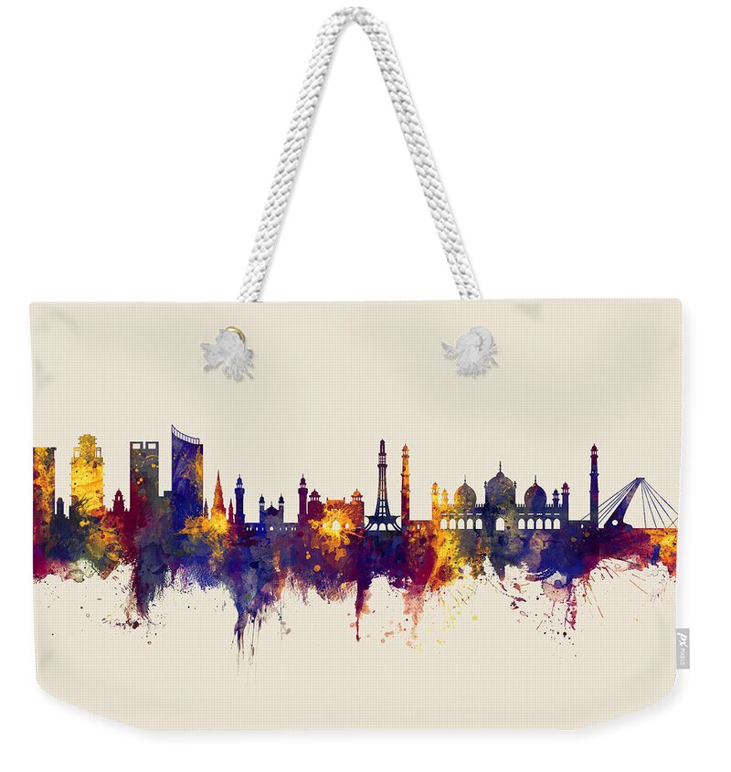 Lahore Weekender Tote Bag featuring the digital art Lahore Pakistan Skyline by Michael Tompsett
