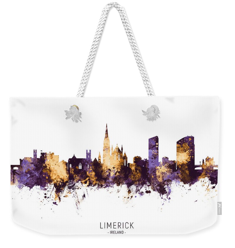 Limerick Weekender Tote Bag featuring the digital art Limerick Ireland Skyline #9 by Michael Tompsett