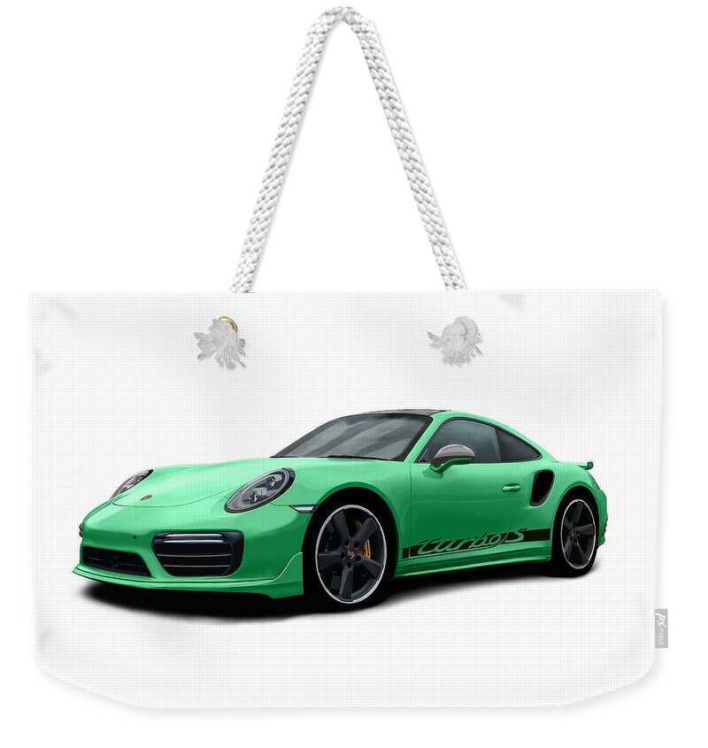 Sports Car Weekender Tote Bag featuring the digital art 911 Turbo S Green by Moospeed Art