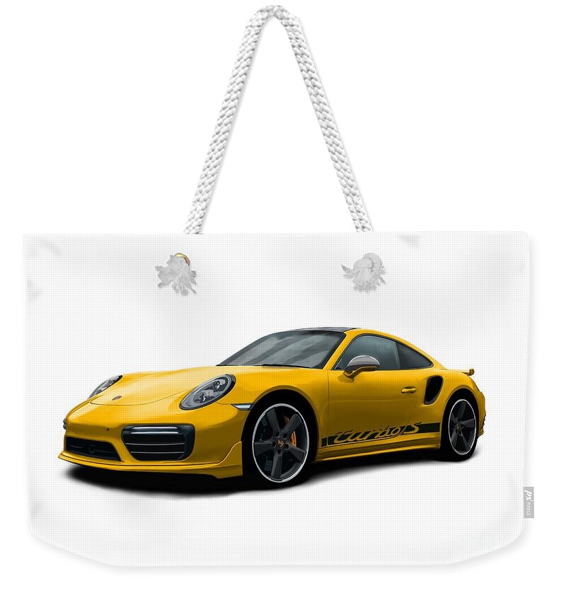 Sports Car Weekender Tote Bag featuring the digital art 911 Turbo S Yellow by Moospeed Art