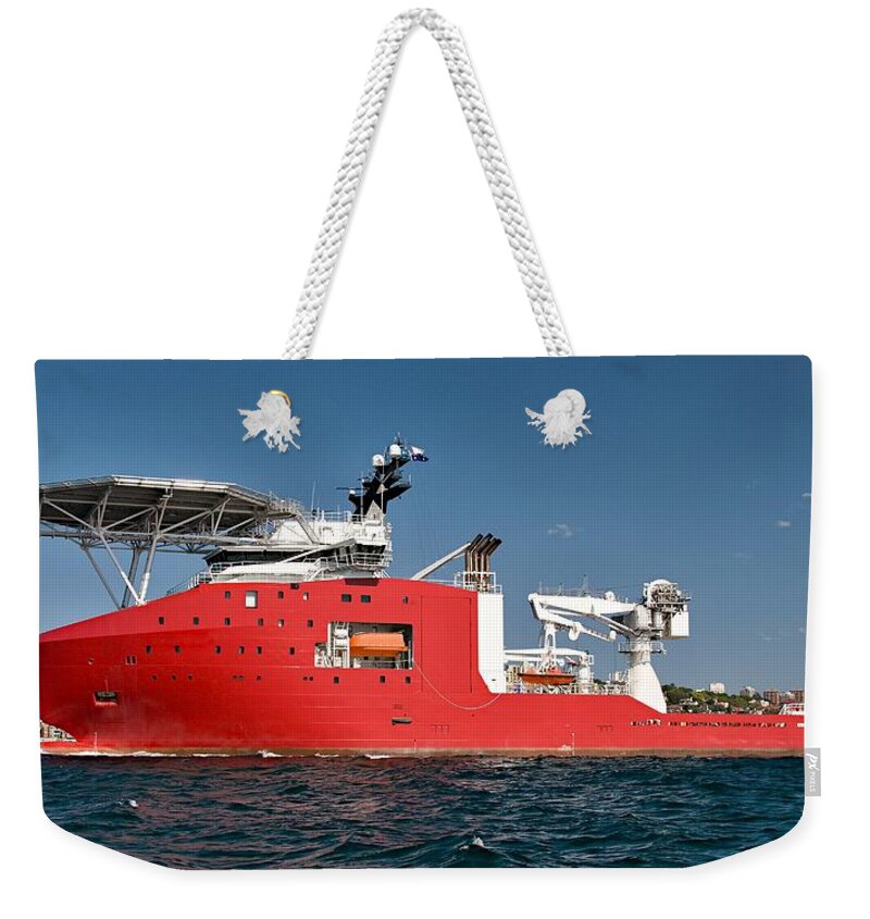 Ship Weekender Tote Bag featuring the photograph A 106 meter Transport Ship with helipad at Sydney navy centenary by Geoff Childs