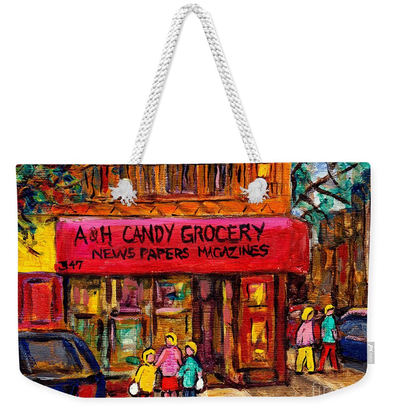 A And H Candy Grocery Weekender Tote Bag featuring the painting A And H Candy Grocery Newspapers Yonkers Nyc Corner Store Paintings Broadway And Morris St C Spandau by Carole Spandau