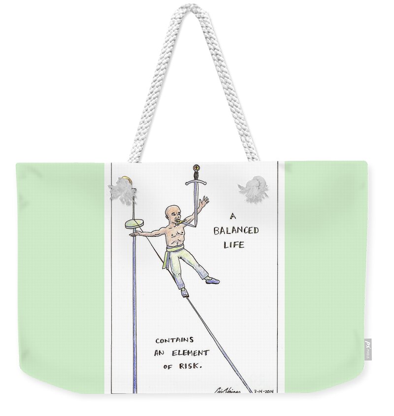 Tight Wire Weekender Tote Bag featuring the drawing A Balanced Life by Eric Haines