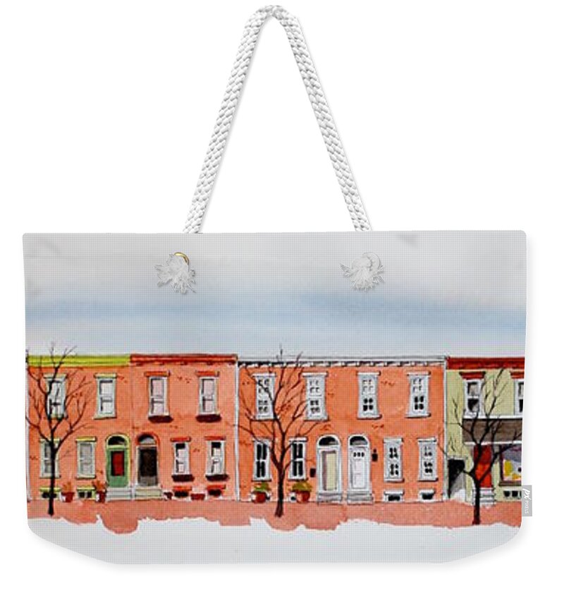 Watercolor Weekender Tote Bag featuring the painting A bit of Scott Street 7x30 by William Renzulli