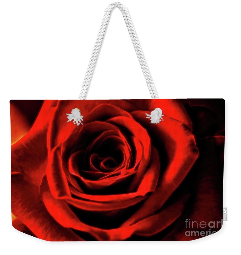 Glow Treatment Weekender Tote Bag featuring the photograph A Bloom in Red by Diana Mary Sharpton