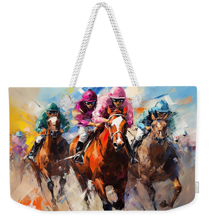 Horse Racing Weekender Tote Bag featuring the painting A Blur of Brilliance by Lourry Legarde