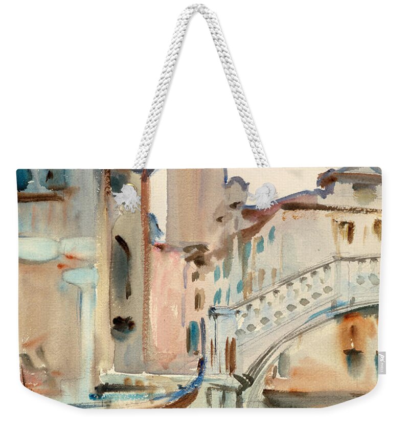John Singer Sargent Weekender Tote Bag featuring the drawing A Bridge and Campanile, Venice by John Singer Sargent