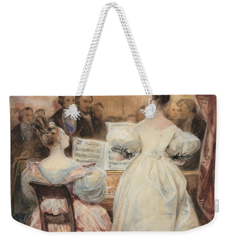 A Concert Laura Singing 1831 Eugène François Marie Joseph French 1805 To 1865 Weekender Tote Bag featuring the painting A Concert Laura Singing 1831 Marie Joseph French 1805 to 1865 by MotionAge Designs