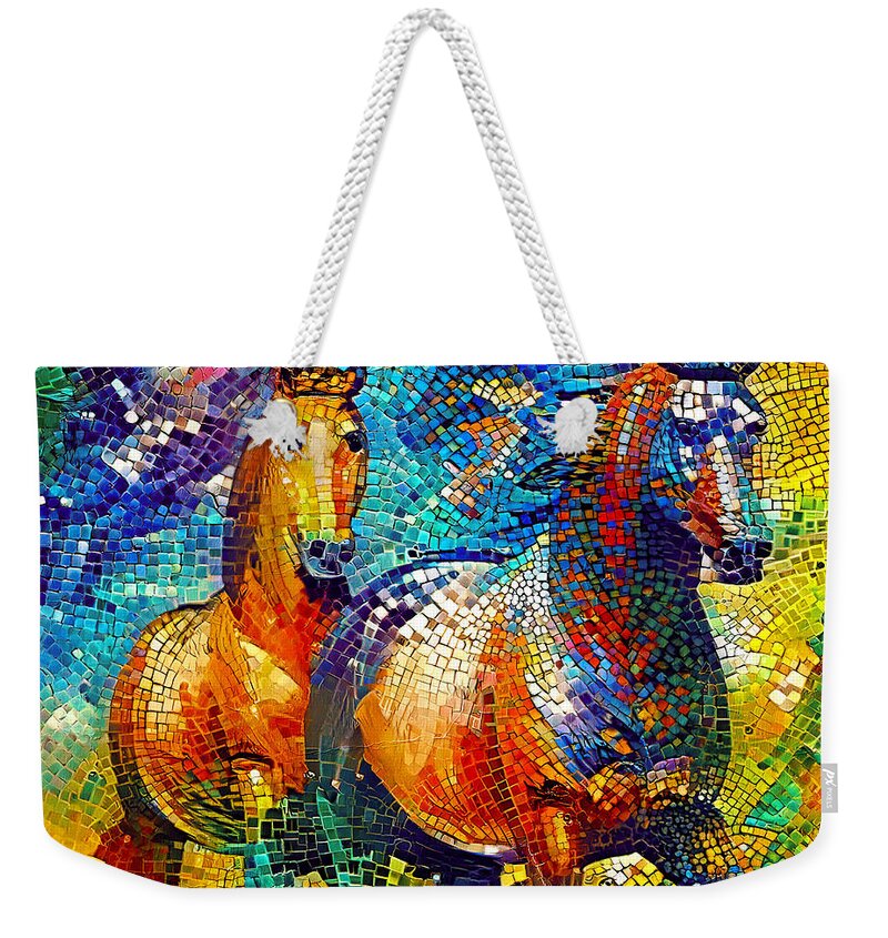 Horse Walking Weekender Tote Bag featuring the digital art A couple of horses walking - colorful mosaic by Nicko Prints