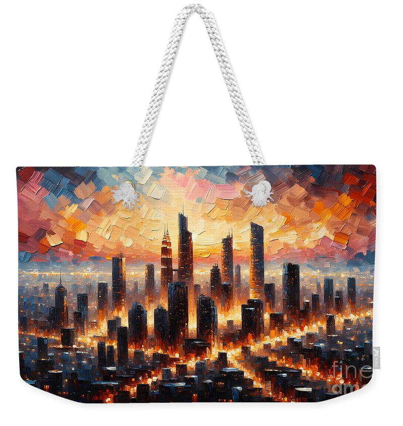 Cityscape Weekender Tote Bag featuring the painting A dramatic skyline of a modern metropolis from a high vantage point by Jeff Creation