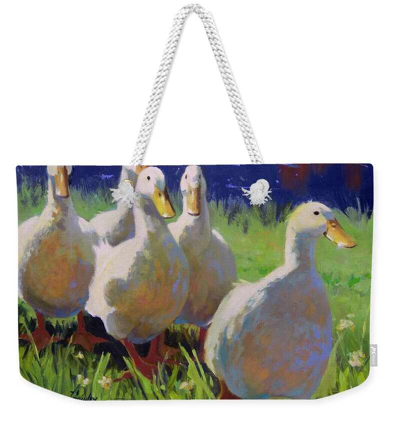Farm Animals Weekender Tote Bag featuring the painting A Ducks Life by Carolyne Hawley
