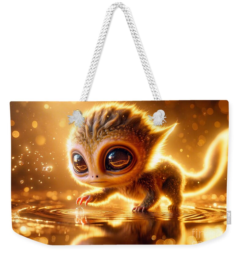 Big Eyes Weekender Tote Bag featuring the digital art A fantastic alien creature that looks like a fusion of a dragon and an owl touches the water by Odon Czintos