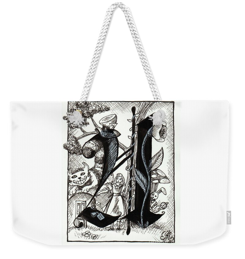 Cheshire Cat Weekender Tote Bag featuring the drawing A for Alice and Wonderland by Scarlett Royale
