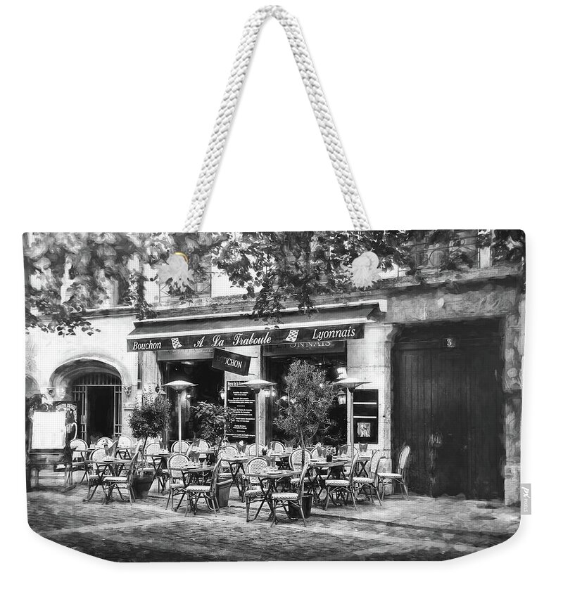 Lyon Weekender Tote Bag featuring the photograph A French Restaurant Vieux Lyon France Black and White by Carol Japp