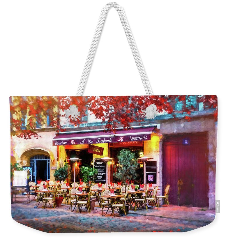 Lyon Weekender Tote Bag featuring the photograph A French Restaurant Vieux Lyon France by Carol Japp