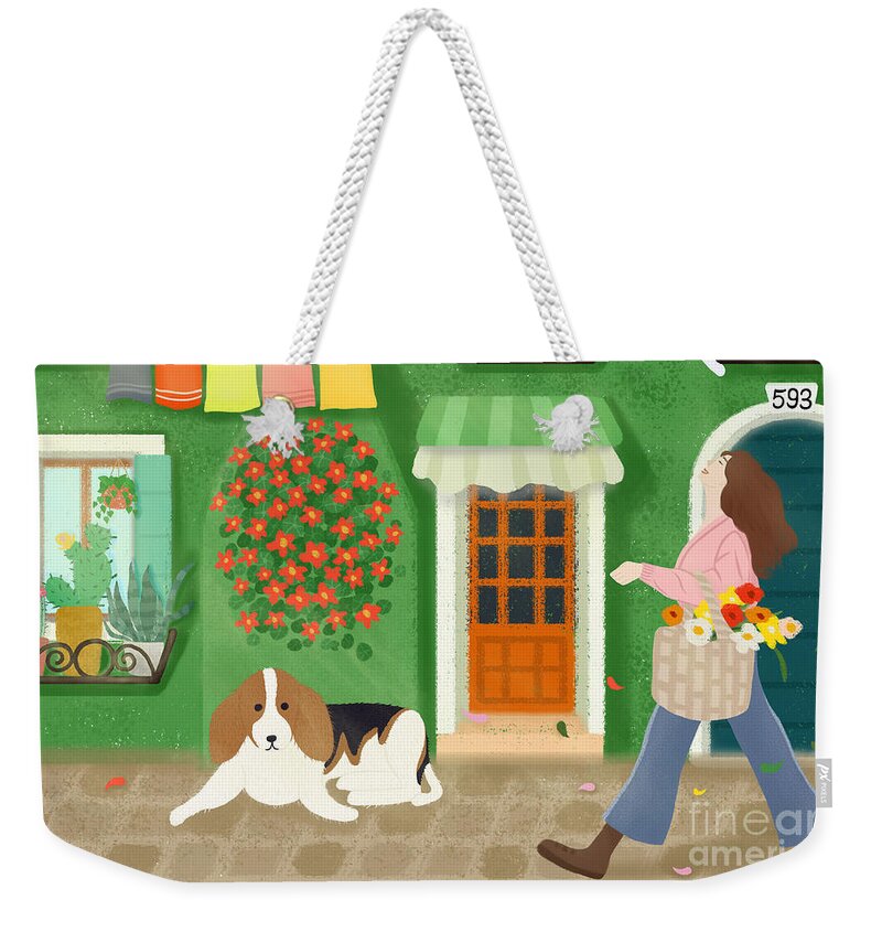 Houses Weekender Tote Bag featuring the drawing A girl with a basket of flowers by Min Fen Zhu