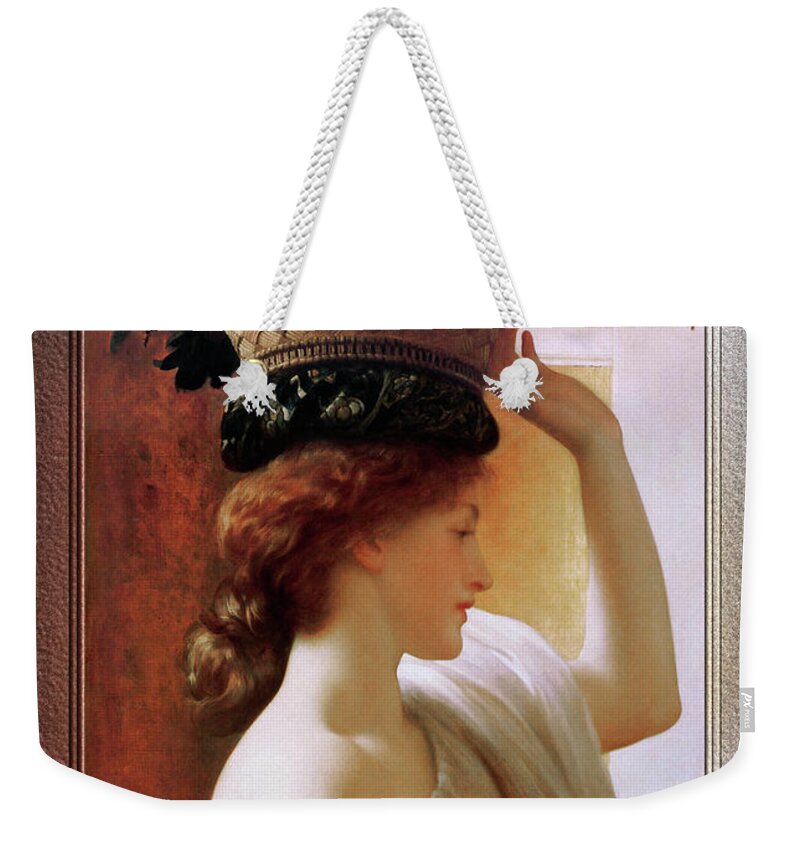 Girl With Basket Of Fruit Weekender Tote Bag featuring the painting A Girl With A Basket Of Fruit by Lord Frederic Leighton by Rolando Burbon