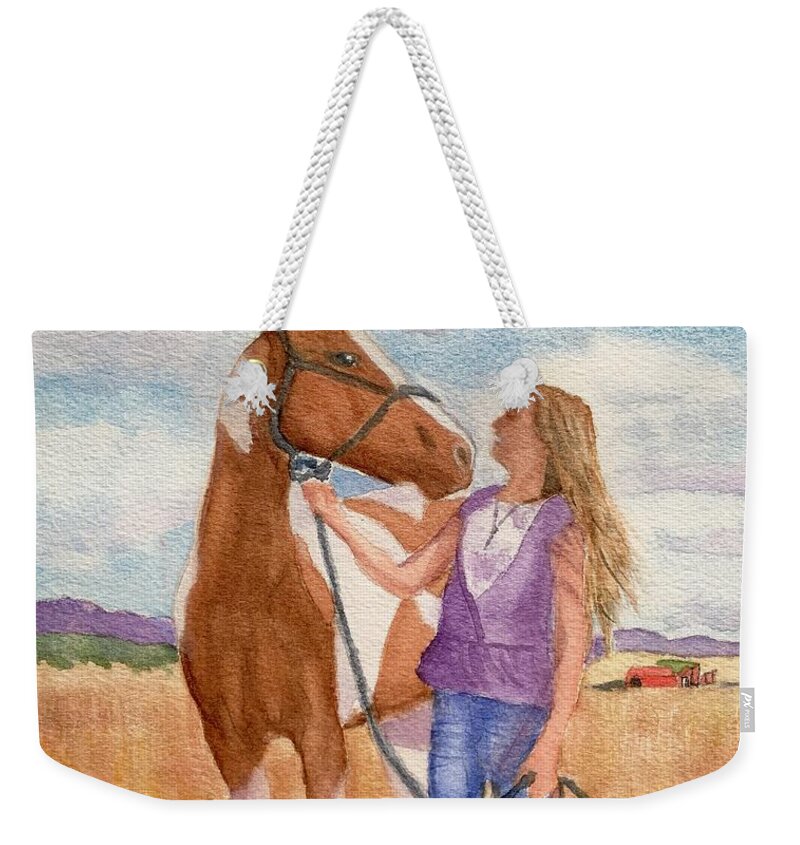 Girl Weekender Tote Bag featuring the painting A Girl's Best Friend by Sue Carmony