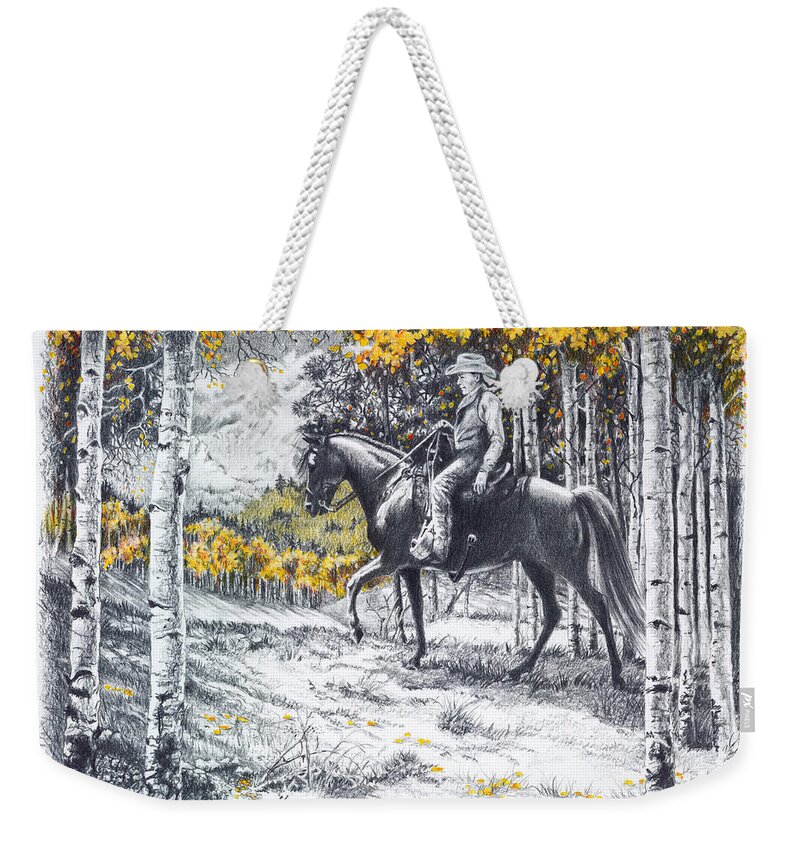 Aspen Weekender Tote Bag featuring the drawing A Golden Opportunity by Jill Westbrook