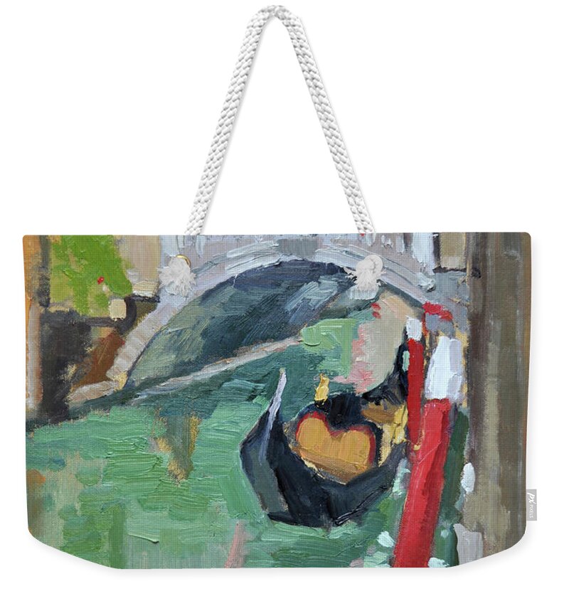 Gondola Weekender Tote Bag featuring the painting A Gondolier and his Gondola, Venice, Italy by Paul Strahm