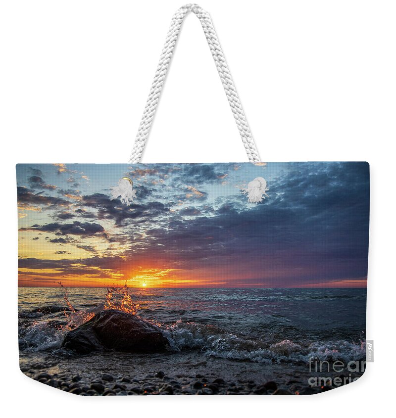 Heart Weekender Tote Bag featuring the photograph A heart shaped splash at sunrise by Eric Curtin