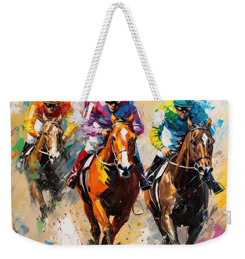 Horse Racing Weekender Tote Bag featuring the painting A Kaleidoscope of Color by Lourry Legarde