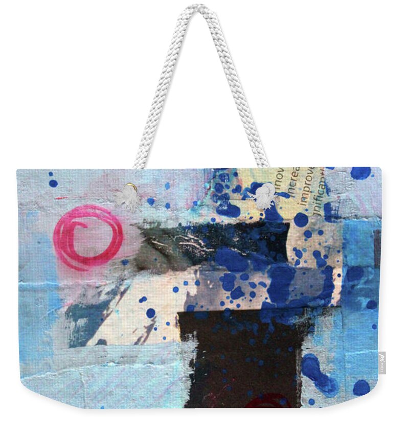 Blue Abstract Collage Weekender Tote Bag featuring the painting A Little Blue by Nancy Merkle