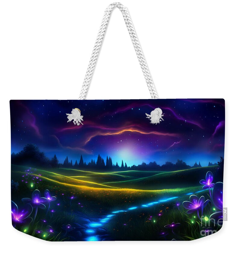  Boreal Weekender Tote Bag featuring the digital art A magical fairy-tale landscape with lots of bright flowers and an illuminated walkway. by Odon Czintos