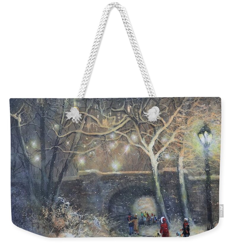 Snowfall Weekender Tote Bag featuring the painting A Magical Walk by Tom Shropshire