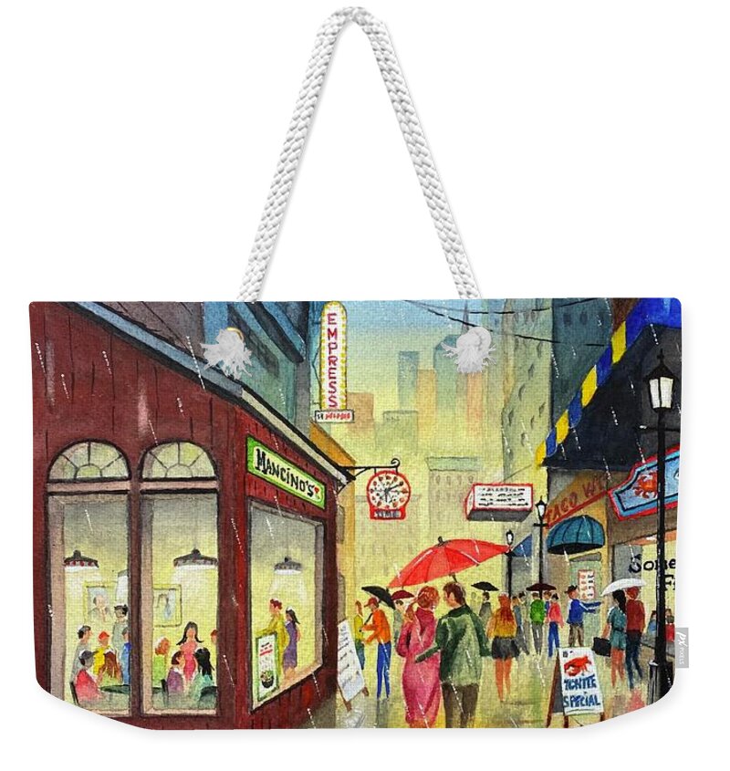Sidewalk Weekender Tote Bag featuring the painting A Night Out by Joseph Burger