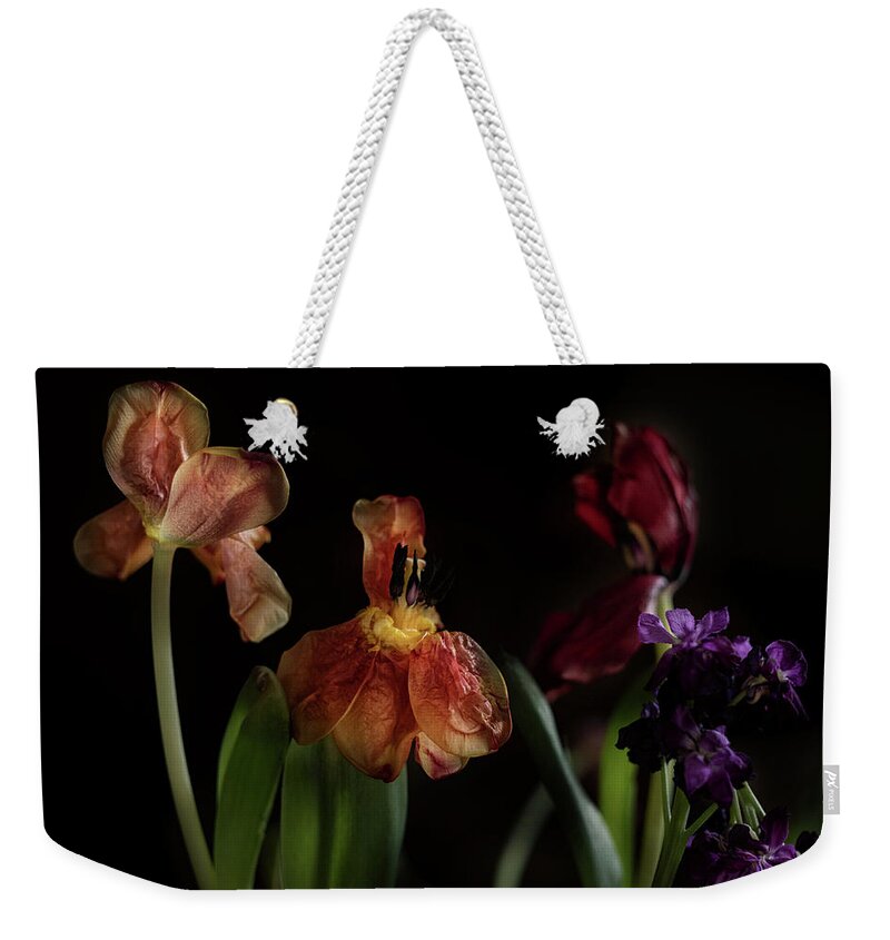 Tulips Flowers Floral Botany Botanical Still Life Vase Abundant Accent Aromatic Arranged Artful Artistic Beautiful Blooming Blossoming Budding Colorful Jewel-toned Luxurious Weekender Tote Bag featuring the photograph A Passing Fancy by William Fields